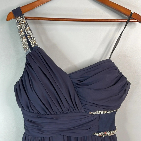 CITY STUDIO One Shoulder Embellished Prom Dress Navy Chiffon Crinoline *As is 13 - Picture 4 of 15